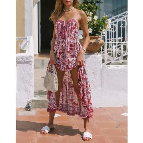 Happie Queens Women floral print sleeveless beach long Bohemian rayon dress Ladies Summer Spaghetti Strap Boho Maxi dress