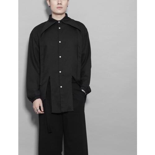 Customized S-6XL New Mens Original fashion brand personality neckline irregular splicing slim solid color long sleeve shirt