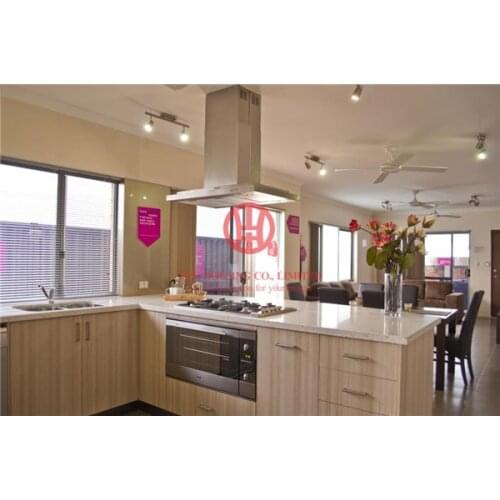 Customized modern laminated wood grain color kitchen cabinet with excellent design and quality MOQ is 1 set & sipping by sea