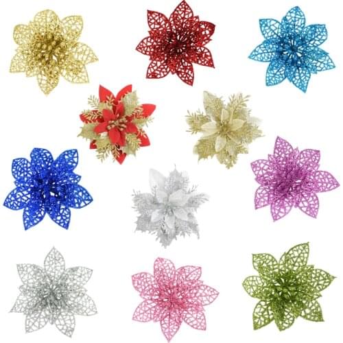 Artificial Golden Flowers Giltter Silver Christmas Fake Flower Christmas Tree Ornaments DIY Wedding Home Party Decor 3/5/10Pcs
