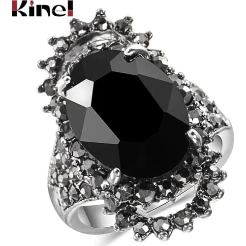 Kinel Fashion Women Black Big Rings Mosaic Oval Glass Stone Female Wedding Engagement Party Silver Color Vintage Jewelry