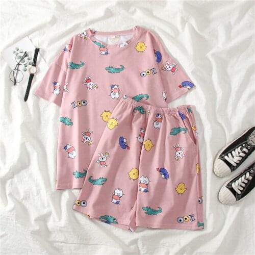Summer Womens Pajamas Two-piece Loose Comfortable Casual Cute Cartoon Short Sleeve Shorts Home Service