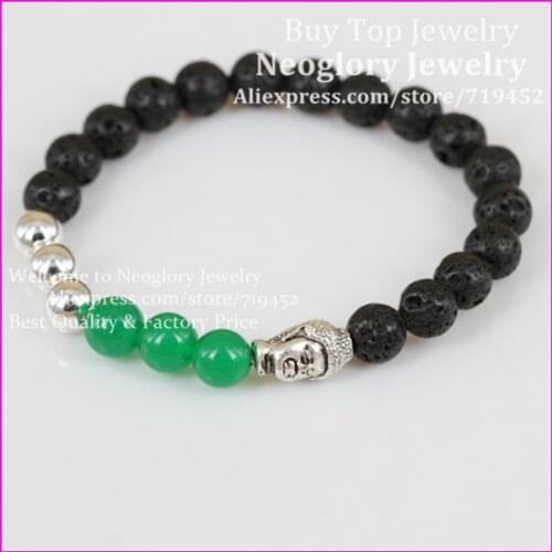 Hot Sale Jewelry Wholesale 10pcs/lot 8mm Lava Stone Beads Green Gems Stone Beads with Antique Silver Buddha Mens Bracelets Gift