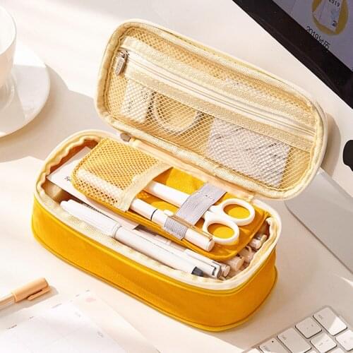 Macaron Color Canvas Stretch Double Layer Large Capacity Pencil Box Kawaii Pencil Case Cute Pencilcase Kids School Stationery