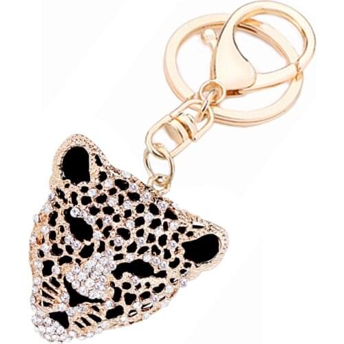Fashion Rhinestone Animals Leopard Head Keyring Keychain Creative Charm Key Holder Ring llaveros for Girl Bag Jewelry Gift R036