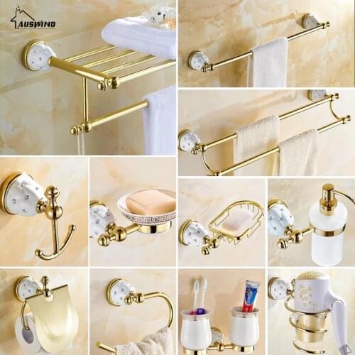 Diamond Stars Bathroom Accessories Sets Crystal Brass Gold Bathroom Hardware Sets Wall Mounted Ceramic Base Bathroom Products