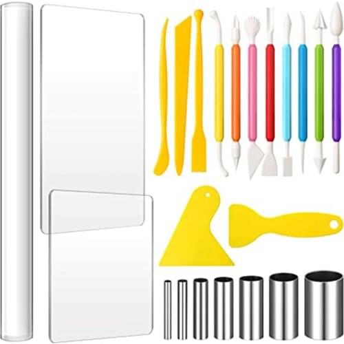 23 Pieces Clay DIY Tool Set, Acrylic Clay Roller, Acrylic Sheet, Scraper Backing Board, Round Circle Shape Cutter