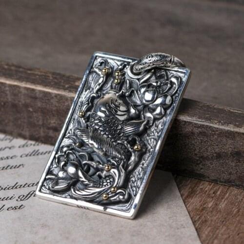 BOCAI New Real Pure S925 Silver Jewelry Man Pendant Vintage Lotus Koi Fish Square Card Pendant for Man