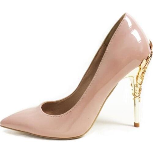 New fashion patent leather high heel shoes woman sexy pointed toe stiletto heels gold metallic decoration dress heels