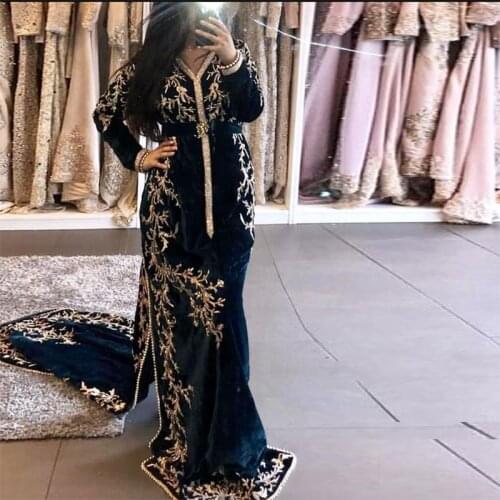 New Moroccan Kaftan Muslim Evening Dress Mermaid Black Velvet Lace Applique Islamic Dubai Kaftan Saudi Arabic Prom Evening Gown