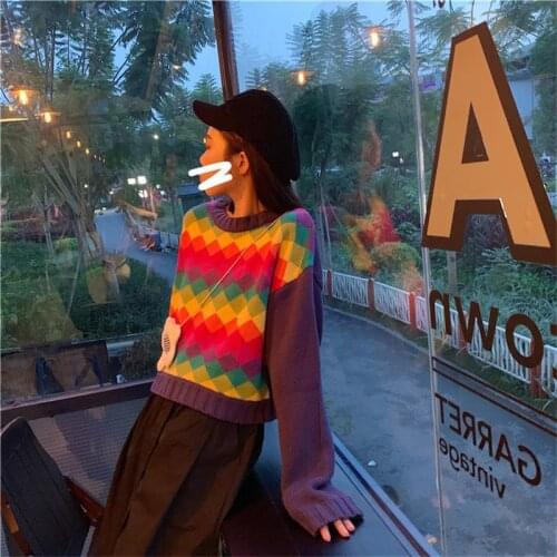 Casual Lazy Wind Loose Rainbow Sweater Female Korean Harajuku Womens Sweaters Japanese Kawaii Ulzzang Clothing For Women