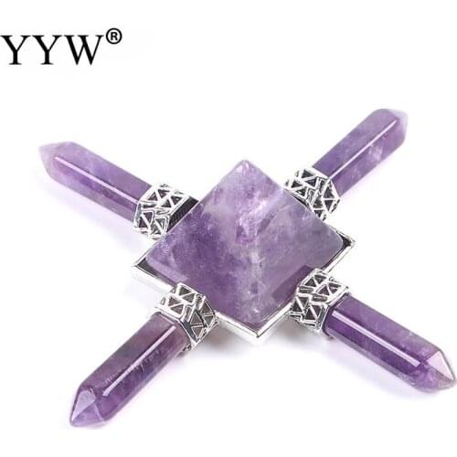 Natural Gem Stone Energy Generator White Purple Crystal Obsidian Reiki Healing Balance Indian Chakra 4 Point Pyramid Jewelry