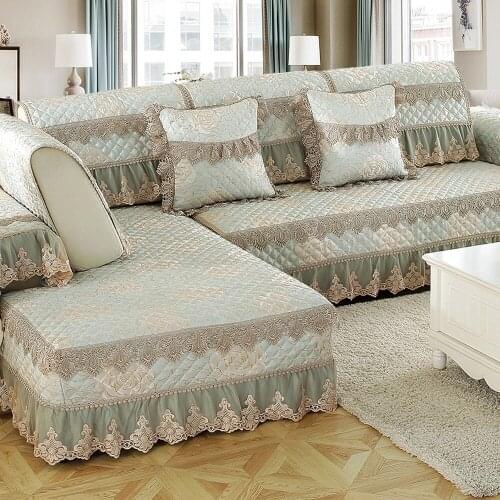 European Luxury Cotton Linen Sofa Cover Green Embroidered Jacquard Sofa Towel Cushion Mat Slipcover Exquisite Lace Sofa Set G9