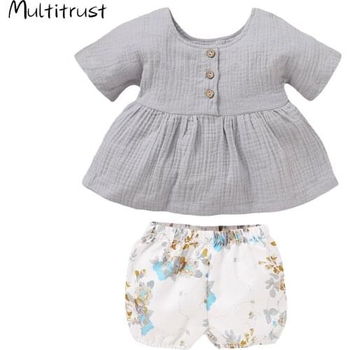 Multitrust Baby Girl Solid Color Short Sleeved Double Sided Wrinkled Top + Flower Printed Shorts Clothing Set