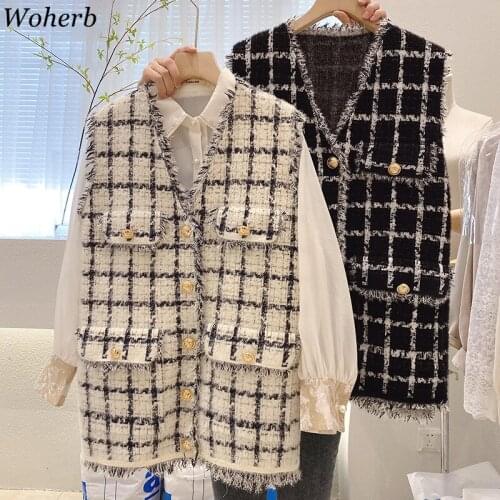 Woherb Women Knitted Vest Sleeveless Korean Autumn Winter Tanks Camis Loose Plaid Tassel Coat Vests Vintage Streetwear Waistcoat
