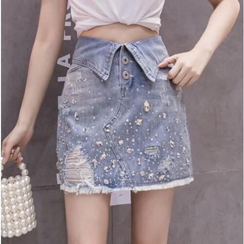 2021 Brand New Women Fashion Beaded Washed Irregular A Line Denim Skirt Summer Students Tassel Hole Bodycon Hip Half Skirts 2XL