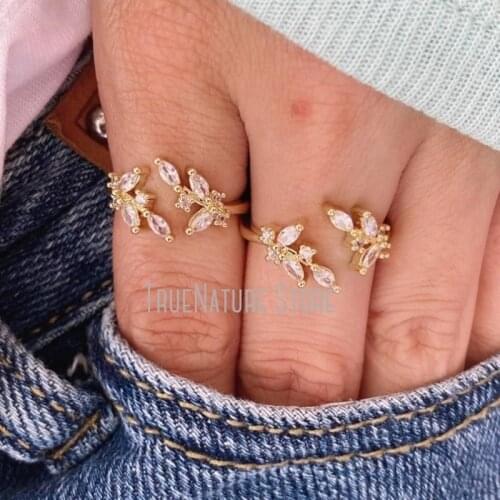 5Pcs RM40045 Copper Jewelry Adjustable Jewelry Copper Ring Gold Plated Olive Branch Leaf Shape Gold Plated Cubic Zirconia Ring