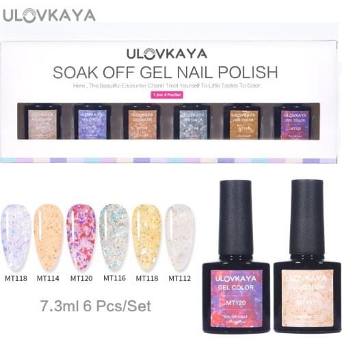 ULOVKAYA 6Pcs/Set Glitter Sequins UV Nail Gel Polish 7.3ml Semi Permanent Nail Art UV LED Manicure Soak Off Nail Gel Varnish