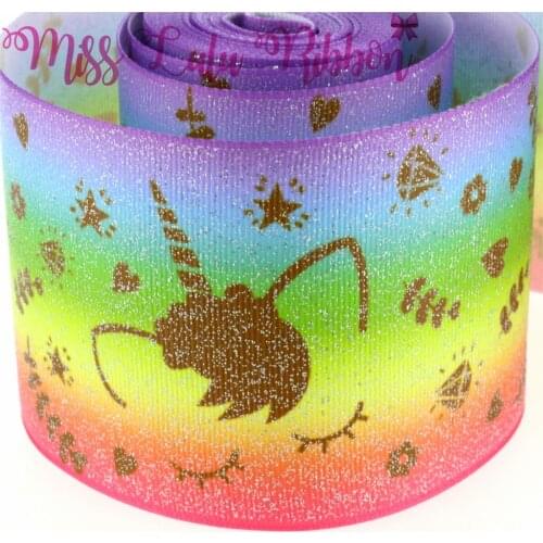 3"75mm Cartoon Series Rainbow Bottom Printed Grosgrain Ribbon Full Silver Glitter DIY hair band Gift Bowknots 5yards/roll