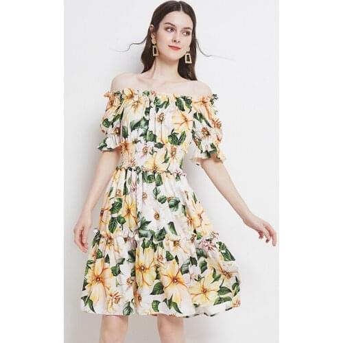Summer Fashion Boho Mini Dress Women Sexy Slash neck Elastic waist Flower Print Casual Party Holiday Short Dress k366