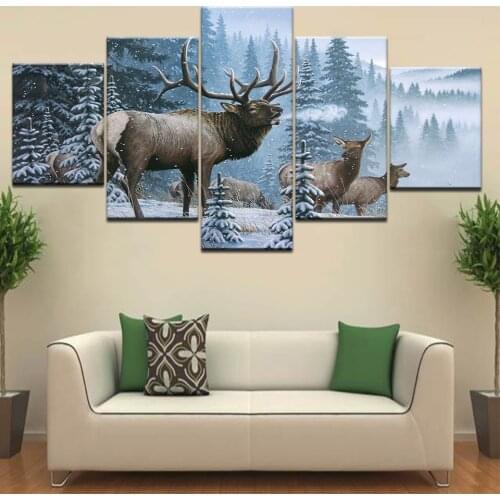 Milu deer snow snow trees animal Wall posters Canvas Art painting 5 Panel HD Print For home living room decoration