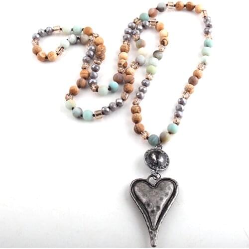 Fashion Bohemian Tribal Jewelry Stone Long Knotted Chain Crystal Links Metal Heart Pendant Necklaces D