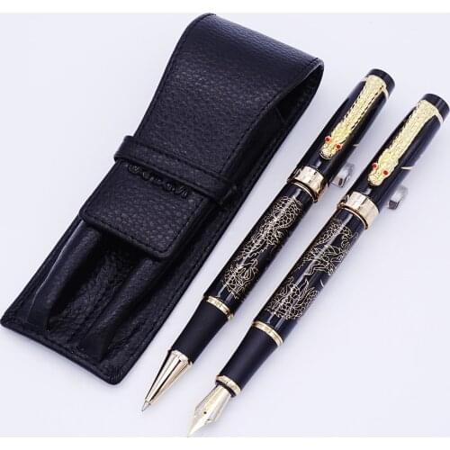 Jinhao Black Descendants of The Dragon Fountain Pen & Roller Pen with Real Leather Pencil Case Bag Washed Cowhide Pen Case Set