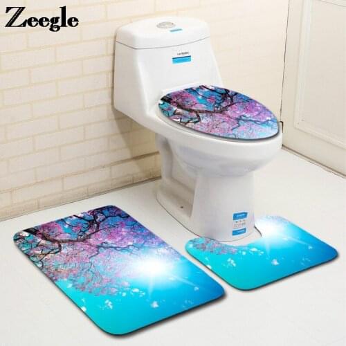 Landscape Print Bathroom Toilet Mat Set Anti Slip Bath Mat Shower Room Absorbent Foot Rug with Waterproof Toilet Seat Cushion
