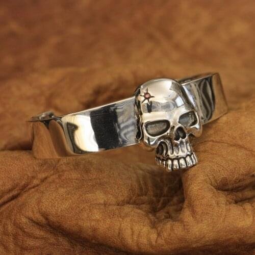 925 Sterling Silver Skull Bangle Mens Biker Rock Punk Bangle 9A009 Fit 6.3 ~ 8.0 inches Wrist