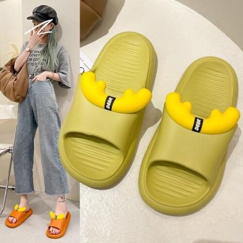 Summer Beach Slides Women Men Slippers Sandals Flip Flops Cartoon 3d Deer Antlers Platform Thick Soled Couples Bathroom Shoes