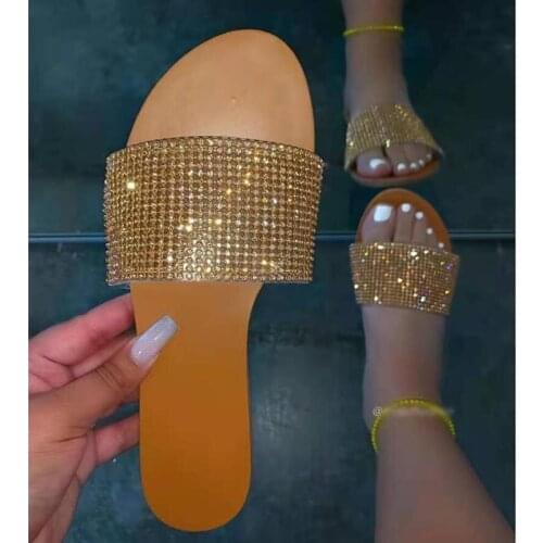 Womens Slippers 2021 Summer Round Head Flat-bottomed Beach Slides for Ladies Rhinestone Color Diamond Large Size Woman Shoes