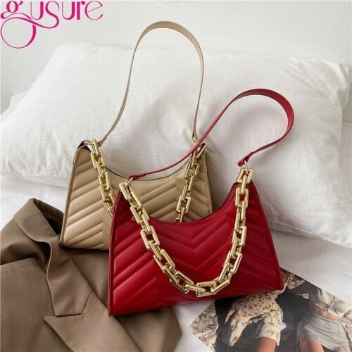 Gusure Fashion PU Leather Brand Designer Handbag and Purse Women Thread Pattern Armpit Shoulder Bags Portable Travel Chain Bags