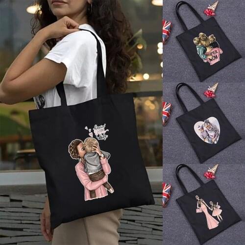 Cartoon Pictures Shopping Bag Shopper Eco Canvas Cotton Shopper Fashion Black Printing Foldable Handbag Canvas Tote Bag