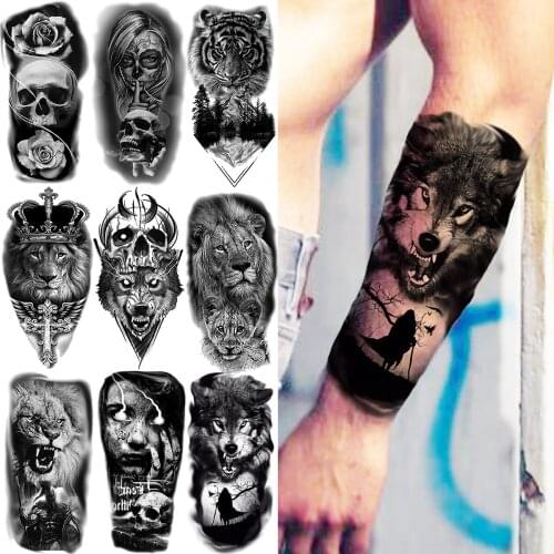 Black Wolf Temporary Tattoos For Men Adults Realistic Skull Tiger Lion Vampire Scary Fake Tattoo Sticker Forearm Body Tatoos