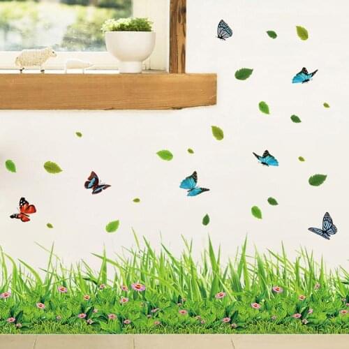 Green Grass Butterfly Flowers Baseboard PVC Wall Sticker Room Home Decal Decor Bathroom Home Decoration DIY Removable Stickers