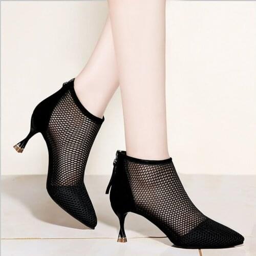 2021 New Sexy Black Mesh Women High Heels Boots Fashion Pointed Toe Thin Heels Summer Shoes Fashion Spring Short Boots Shoes