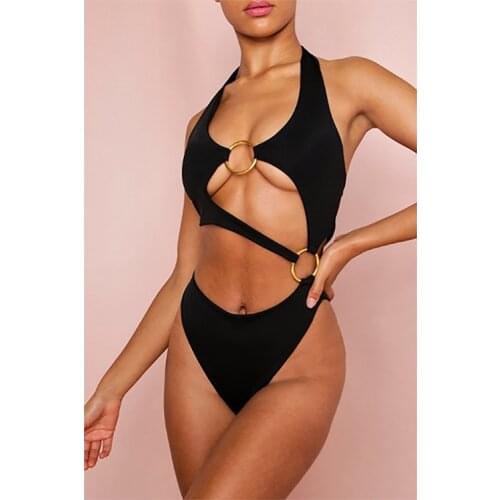 Women Cut Out Swimsuit Sexy Backless Halter Monokini Female Swimwear Metal Circle Hollow Out Brazilian Beachwear Bathing Suit