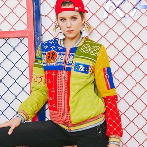 2019 Winter New Ladies Down Jacket Fashion Hit Color Patchwork Female Casual Outerwear Stand Collar Loose Long Sleeve Parka Z404