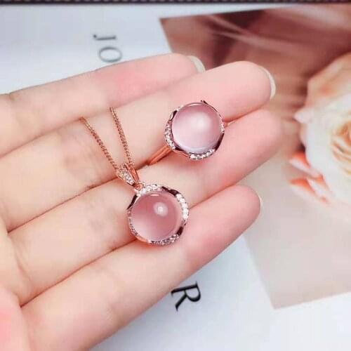 Natural Ross Quartz Circular Ring Pendant Necklace Set S925 Sterling Silver Fine Fashion Wedding Jewelry for Women Free Shipping