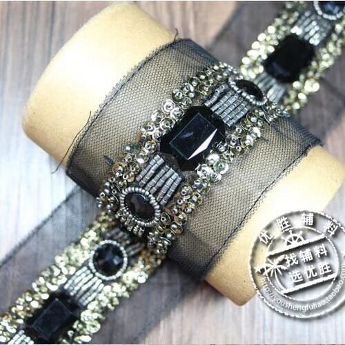 2Yard Gold Bead Sequin Lace Trims Beaded Rhinestone Ribbon For Sewing Clothing Collar Headdress Accessories Mesh Lace Decoration