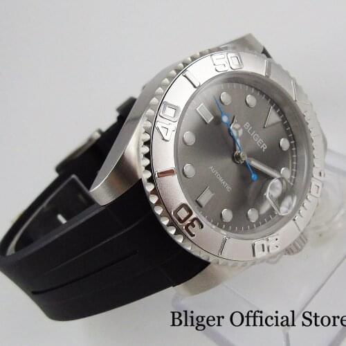 BLIGER Simple Grey Automatic Men Wristwatch Rubber Band MIYOTA 8215 Movement Rotating Bezel