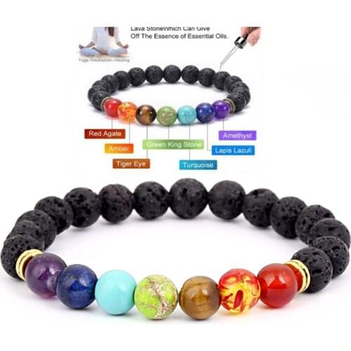Black Lava Volcanic stone 7 Chakra Bracelet,Natural Stone Yoga Bracelet,Healing Reiki Prayer Balance Buddha Beads Bracelet