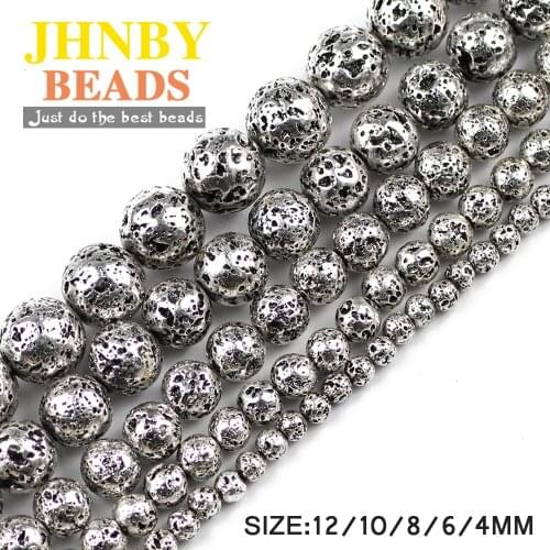 JHNBY Natural Lava Stone hematite 4.6.8.10.12MM 15’’ Antique silvers Round Loose beads for Jewelry necklace bracelet making DIY