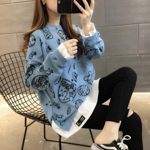 Korean version of loose cartoon printed vests womens fake two 2020 autumn new round neck bottoming foreign style Joker
