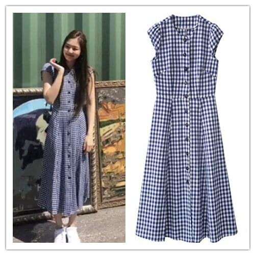Kpop Korean Celebrity New Fashion Single-Breasted V-Neck Plaid Dress Women Streetwear Sexy High Waist Short Sleeve Midi Dresses