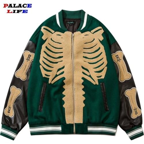 Furry Bone Patchwork Color Block Baseball Jackets Men Hip Hop Streetwear College Bomber Jacket Mens Harajuku Bomber Coats Unisex