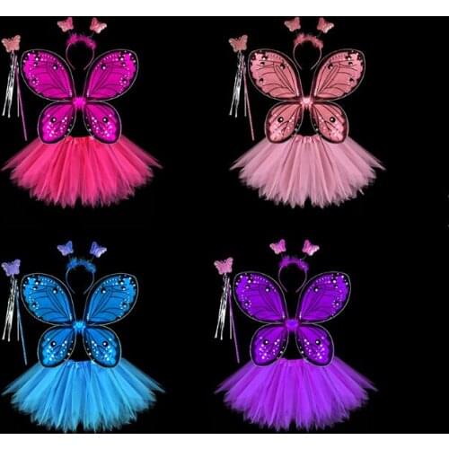 Hot 4Pcs Kids girls Fairy Princess Costume Sets colorful stage wear Butterfly Wings Wand Headband Tutu Skirts Flower Fairy Dress