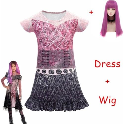 Mal and Evie Girls Descendants 3 Cosplay Dress Costume 3D Printed Costume Kids Girls Halloween Masquerade Sleeved Short Dresses
