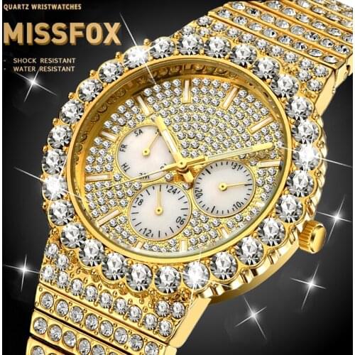 Mens Chronograp Watches MISSFOX Dropshopping Luminous Scale Analog Quartz Gold Watch Men Unique FF Iced Out Fashion Luxury Watch