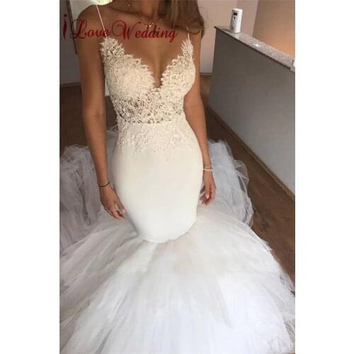 New Fashion 2020 Spaghetti Straps Mermaid Wedding Dresses Custom made Lace Applique Beaded Court Train Bridal Wedding Dresses
